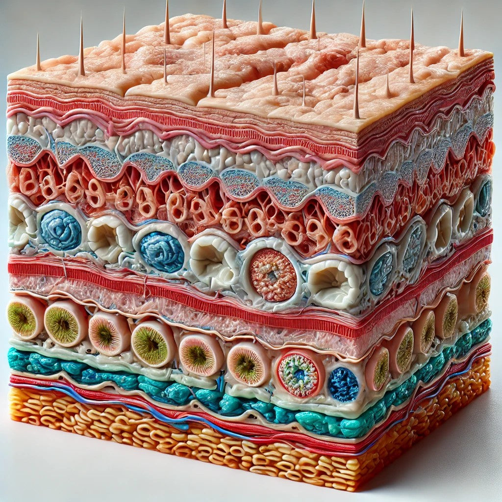 3D cross-sectional diagram of human skin layers showing detailed anatomy of the epidermis, dermis, and subcutaneous tissue with realistic textures, blood vessels, fat cells, and pores, designed for medical and dermatological education.