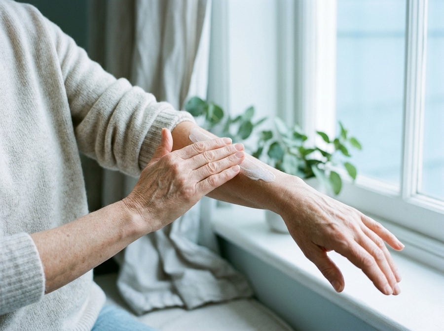A woman smoothing cream over her forearm beside a window
