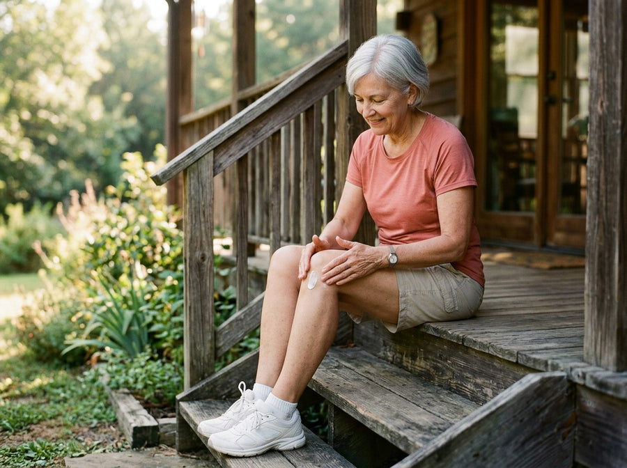 A woman in her sixties rubbing cream into her knee on a porch step