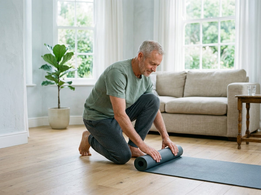 A man in his sixties rolling up a yoga mat at home