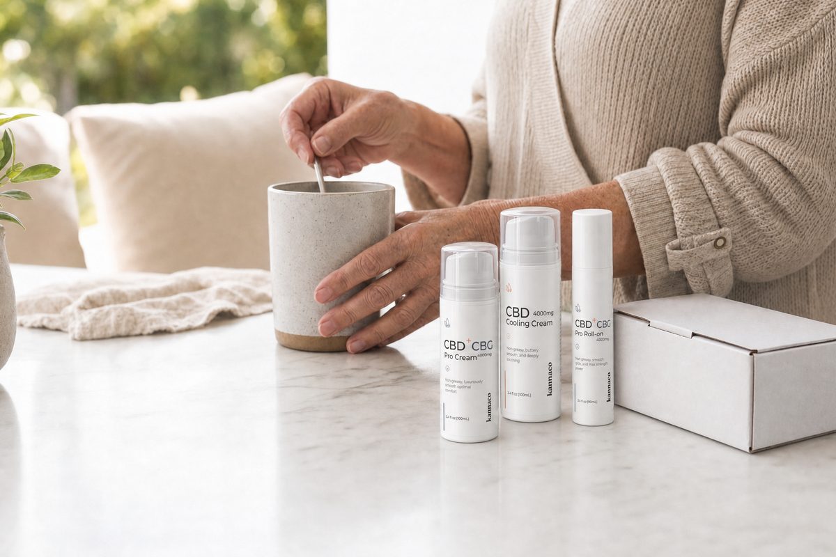 KannaCo topical products beside a morning mug for the Retiree 62+ Discount Program