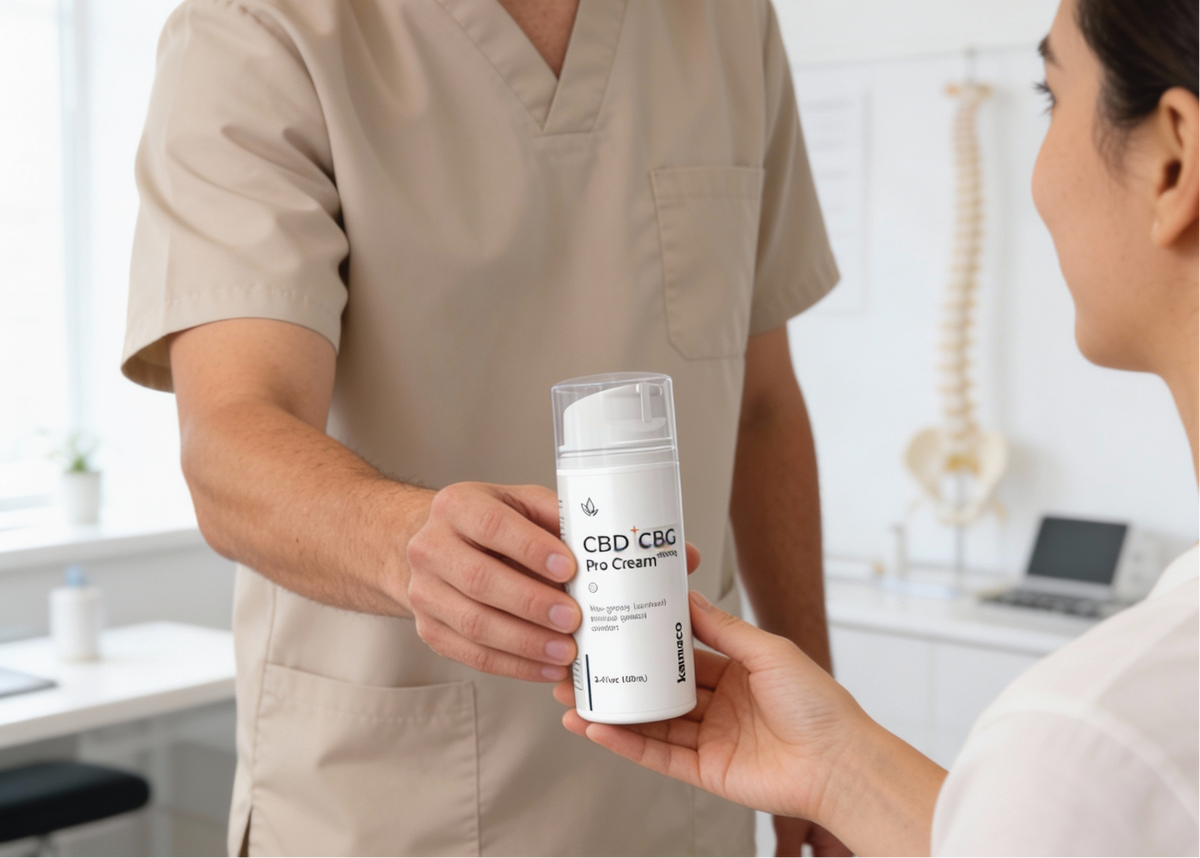 Licensed chiropractor recommending Kannaco CBD + CBG Pro Cream to a patient beside a spine model.