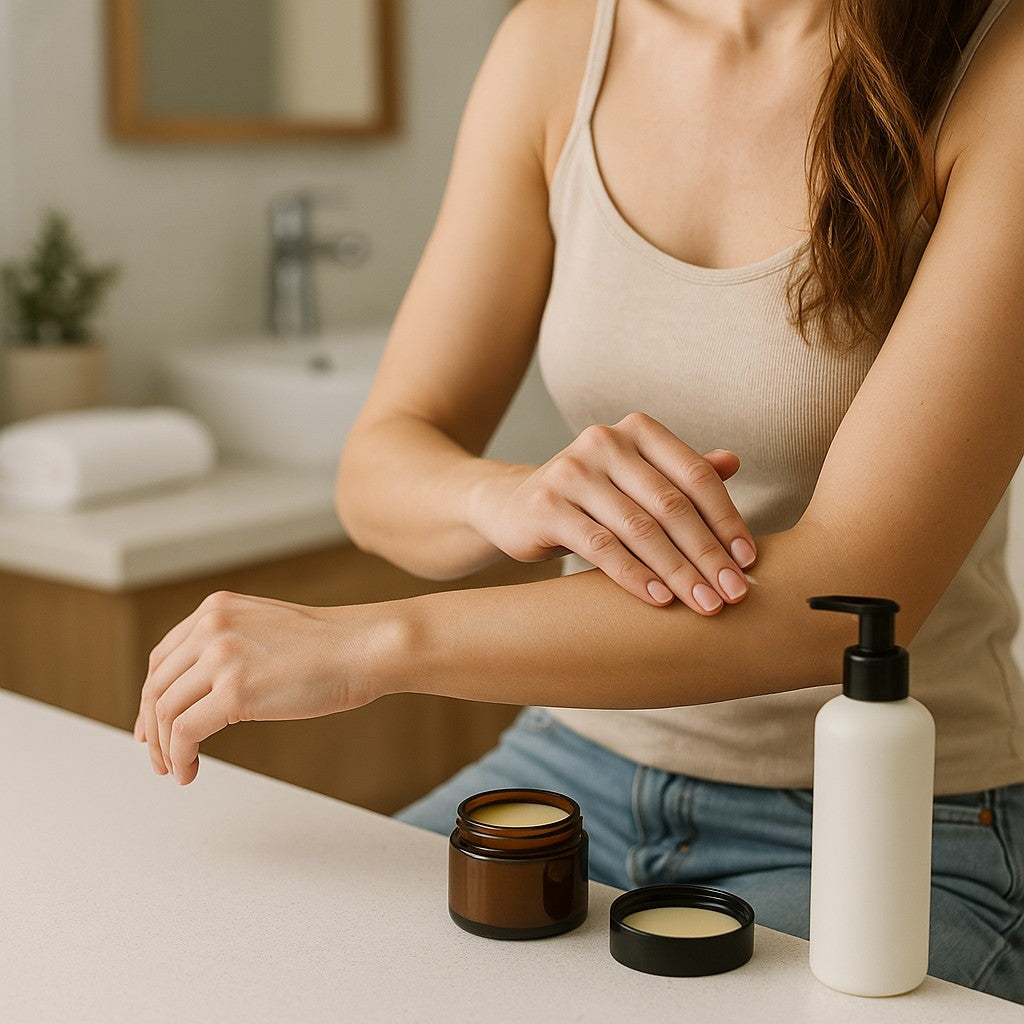 [⚠️ Suspicious Content] Lifestyle scene of an adult woman gently massaging certified CBD and CBG non-menthol balm into her forearm in a bright, spa-like bathroom; minimalist jar and pump bottle on the countertop symbolize pure, lab-tested skincare