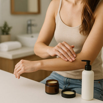 [⚠️ Suspicious Content] Lifestyle scene of an adult woman gently massaging certified CBD and CBG non-menthol balm into her forearm in a bright, spa-like bathroom; minimalist jar and pump bottle on the countertop symbolize pure, lab-tested skincare