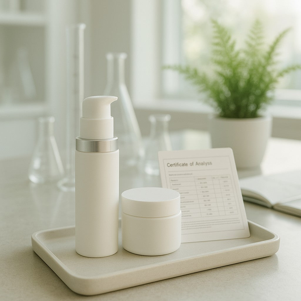 Minimalist airless pump bottle and jar of lab-tested CBD cream on a clean spa tray beside a certificate of analysis, with soft-focus lab glassware and greenery in a bright wellness-clinic setting.