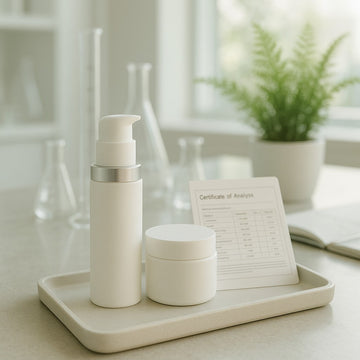 Minimalist airless pump bottle and jar of lab-tested CBD cream on a clean spa tray beside a certificate of analysis, with soft-focus lab glassware and greenery in a bright wellness-clinic setting.
