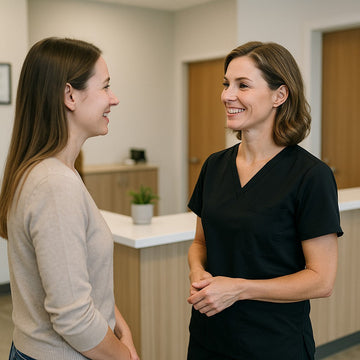 Female chiropractor in stylish black scrubs smiling and advising a patient at the reception desk of a modern clinic, captured from a side angle.