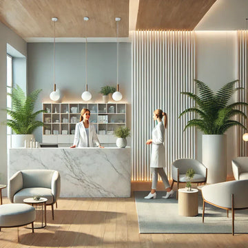Modern chiropractic clinic reception area with soft lighting, showcasing a stylish waiting lounge, wood-and-quartz front desk, minimalist white shelving, and a female chiropractor engaging with her assistant in a warm, professional environment.
