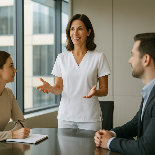 Female chiropractor in white scrubs leading a staff meeting at a round table in a modern clinic conference room, side view from 12 ft away, professional setting.