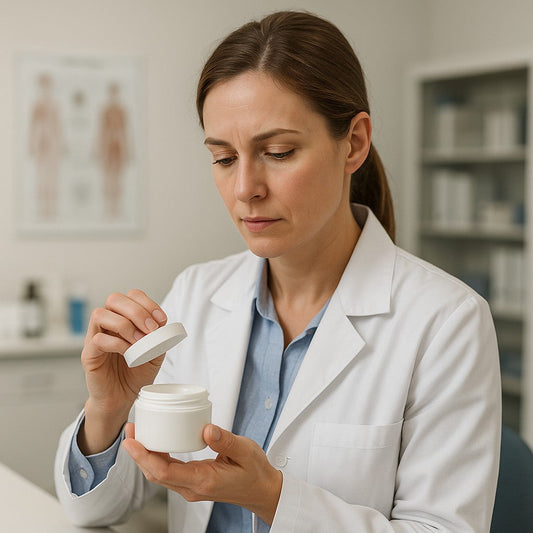 Middle-aged female healthcare professional in a white lab coat with a stethoscope, examining a white lotion tube in a clean, modern clinical setting.