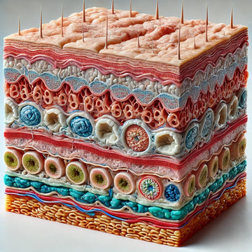 3D cross-sectional diagram of human skin layers showing detailed anatomy of the epidermis, dermis, and subcutaneous tissue with realistic textures, blood vessels, fat cells, and pores, designed for medical and dermatological education.