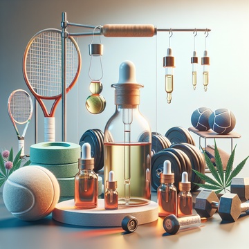 CBD oil dropper bottles and large tincture surrounded by tennis rackets, dumbbells, tennis ball, foam tape, and a subtle hemp leaf—symbolizing sports recovery and cannabinoid-infused wellness equipment.