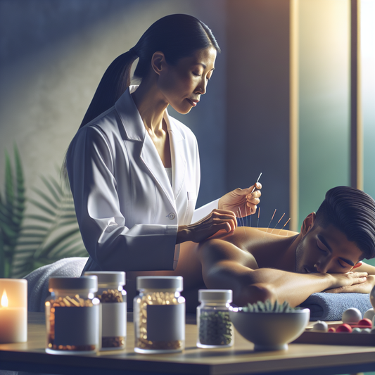 Female acupuncturist in a white coat performing acupuncture on a male patient’s back in a serene wellness clinic setting, with herbal supplement jars, candles, and natural decor in the foreground.