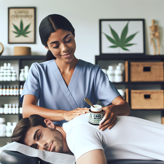 Chiropractor in scrubs applies CBD cream to a male patient’s shoulder in a clinic room decorated with hemp leaf posters and product shelves.