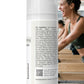 Cooling Cream bottle with detailed ingredients label next to a smiling woman exercising indoors