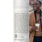 Cooling Cream bottle showing ingredient list with a smiling man in a brown coat holding coffee in the background