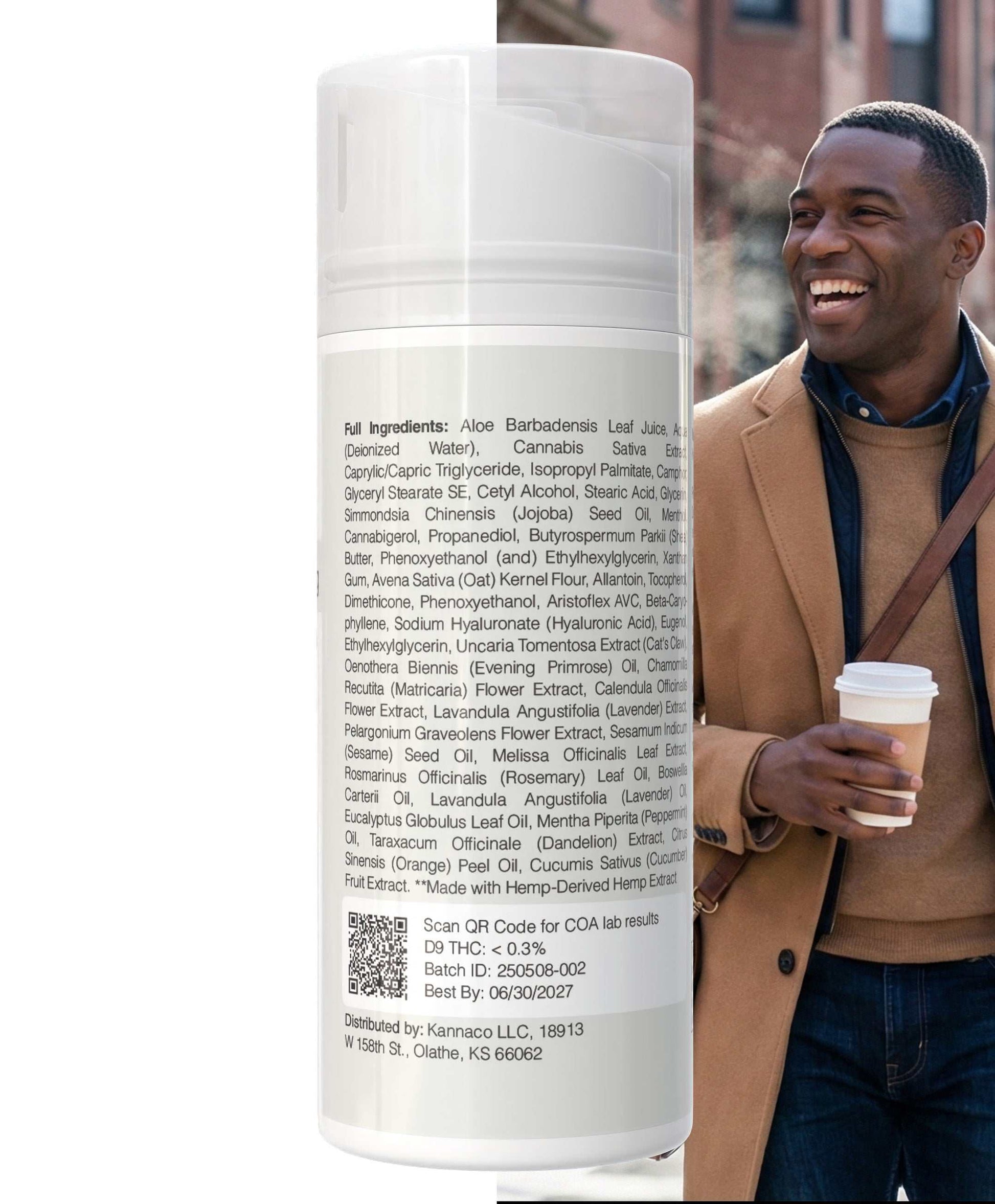 Cooling Cream bottle showing ingredient list with a smiling man in a brown coat holding coffee in the background