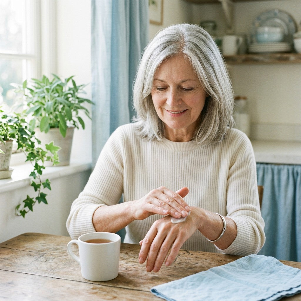 A woman at her kitchen table smoothing cream into the back of her hand