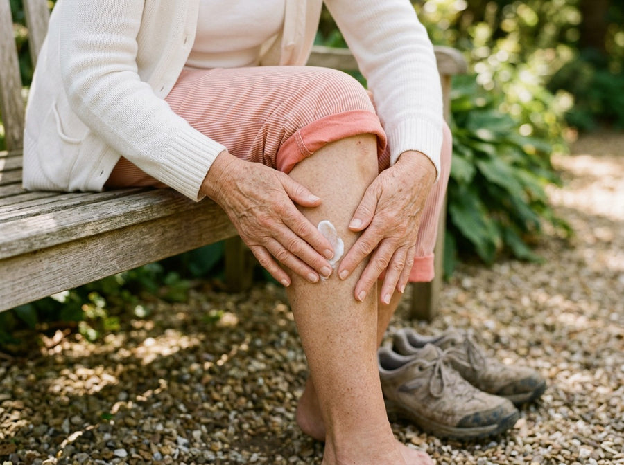 Hands rubbing cream into a leg on a garden bench after a walk