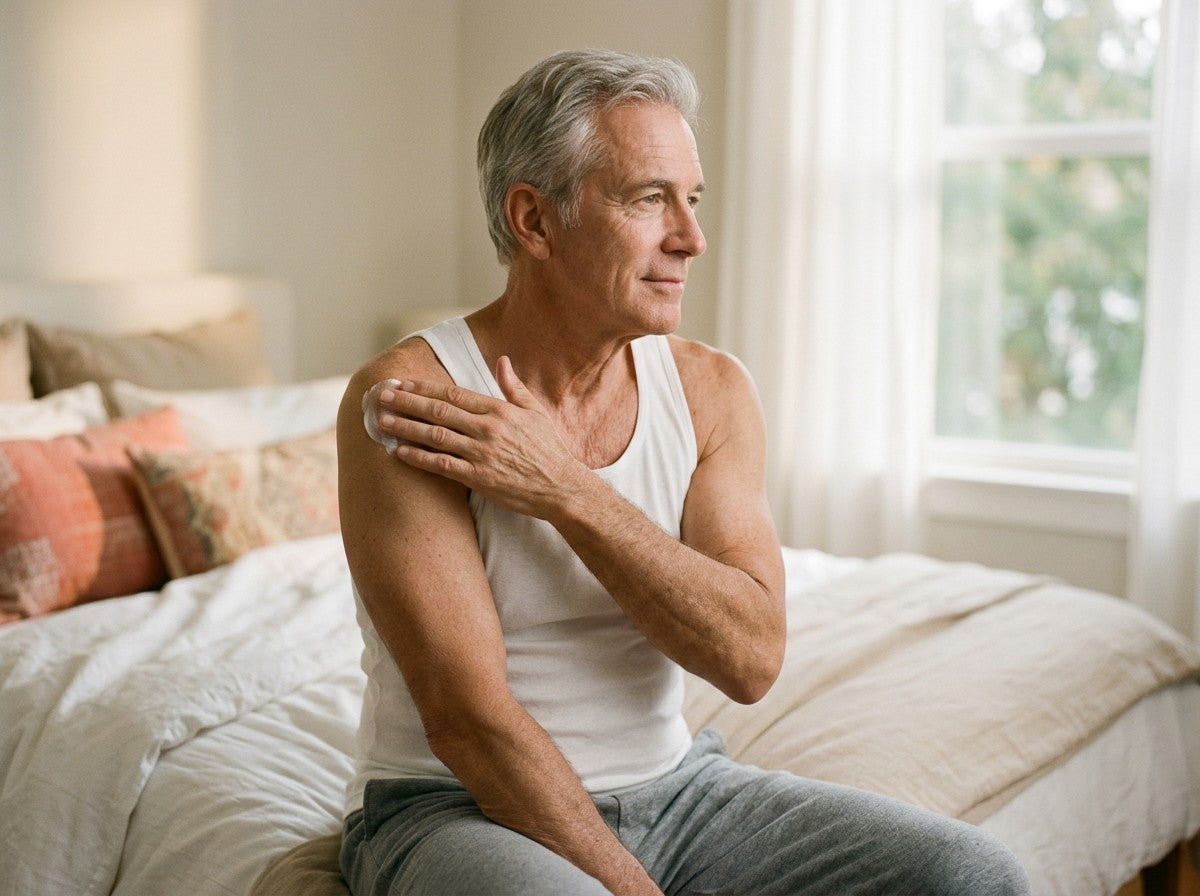 A man sitting on the edge of his bed smoothing cream into his shoulder