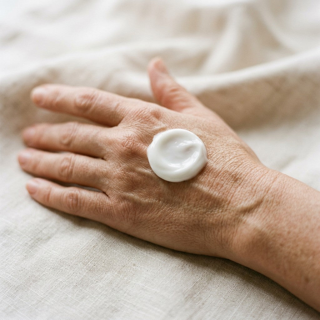 A dab of white cream on the back of a hand, showing its smooth texture