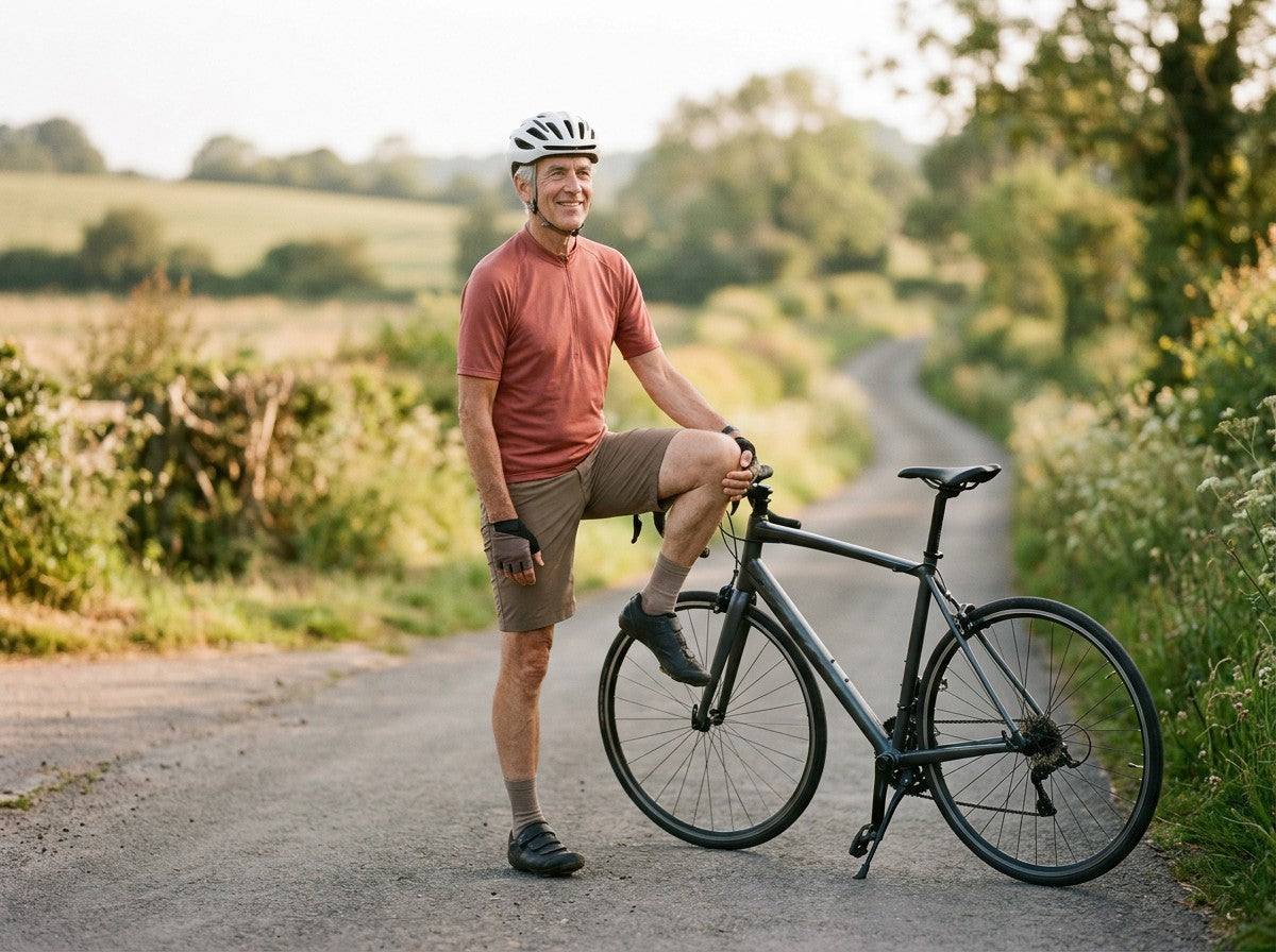 A man in his sixties in a bike helmet stretching beside his road bike on a quiet country lane