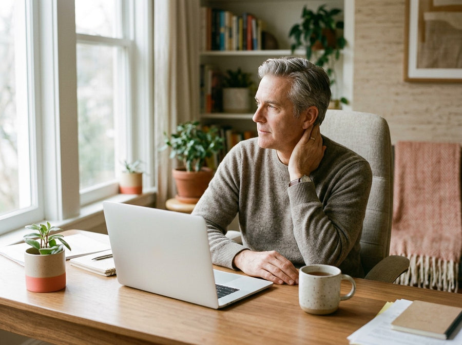 A man at a home desk resting a hand on the back of his neck