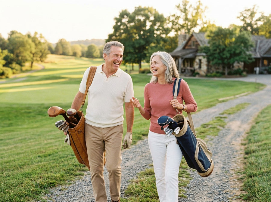 A couple in their sixties walking off a golf course with their clubs