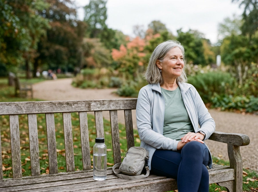 A woman in her sixties resting on a park bench after a morning walk