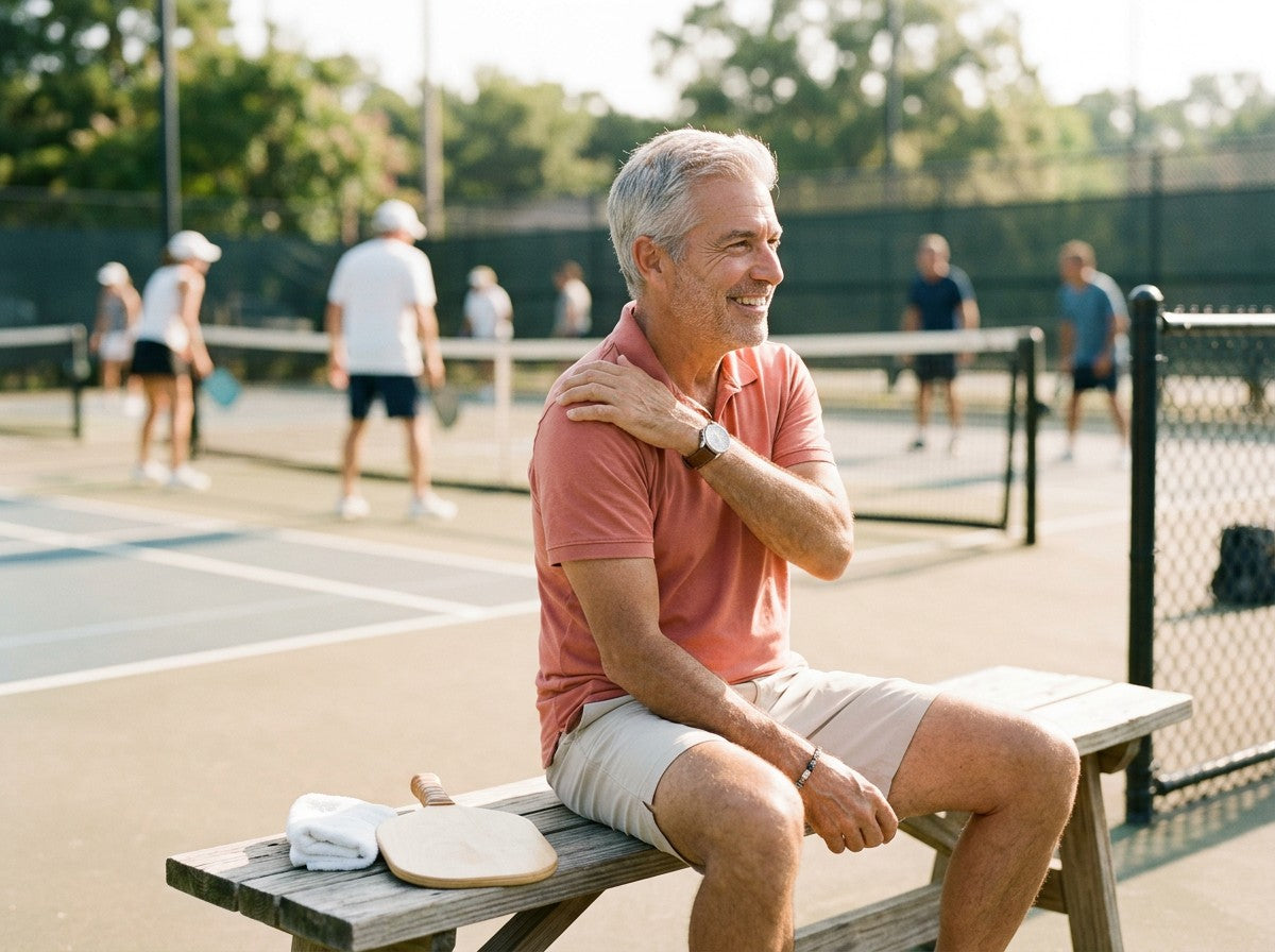 A smiling man in his sixties resting on a bench beside a pickleball court with his paddle