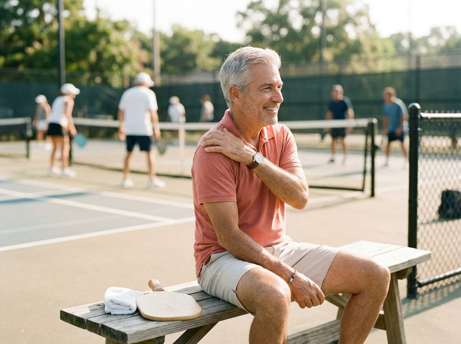 A pickleball player resting courtside with a hand on his shoulder