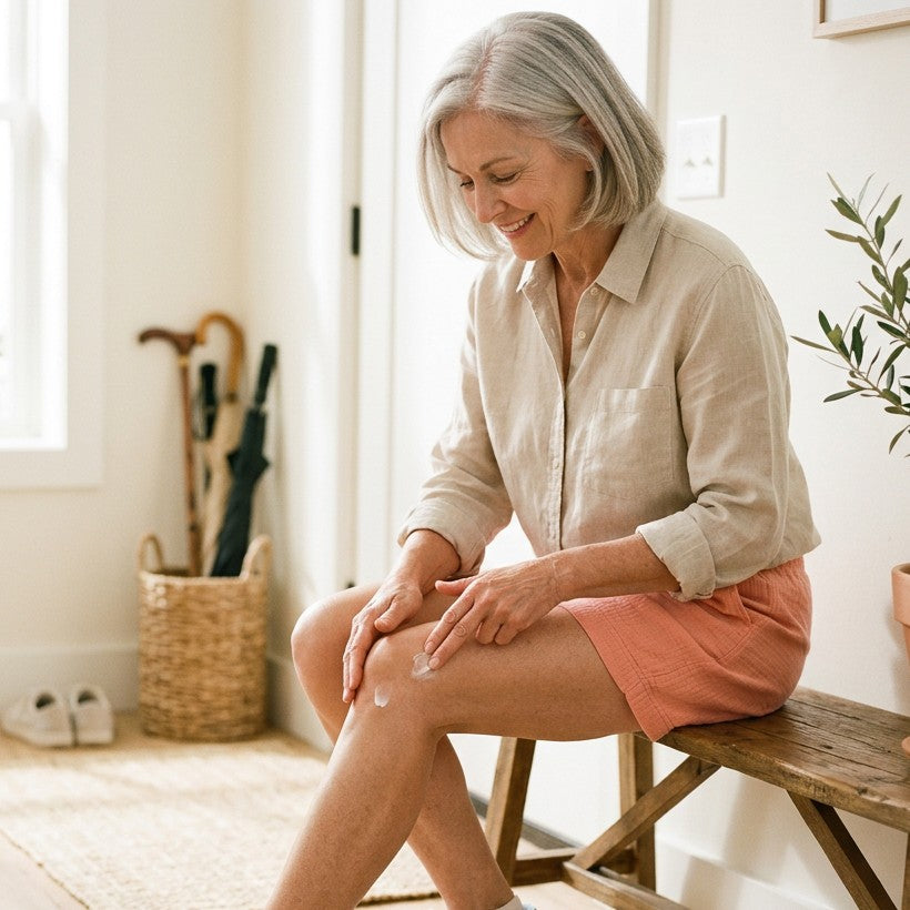 A woman sitting on a bench at home rubbing cream into her knee
