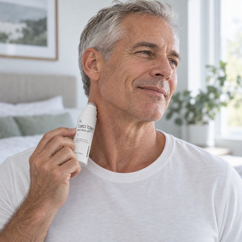 A man in a white T-shirt rolling Pro Roll-On along the side of his neck