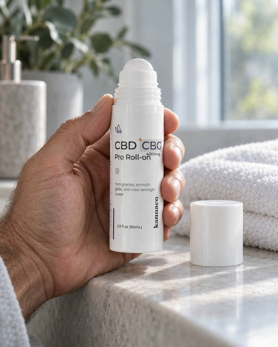 A hand holding the Kannaco Pro Roll-On bottle with its cap off, beside a folded towel