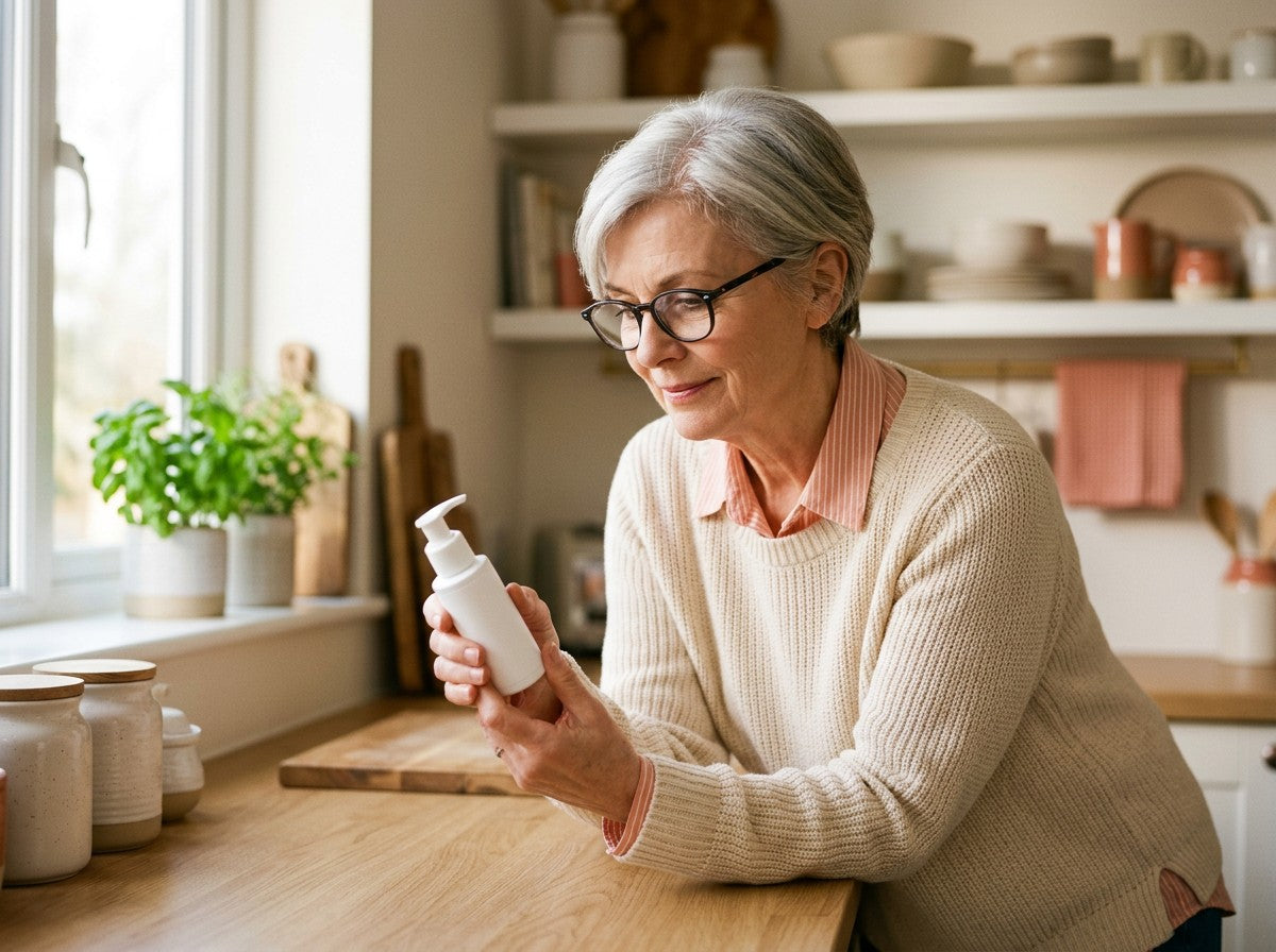 A woman in her kitchen reading the label on a pump bottle