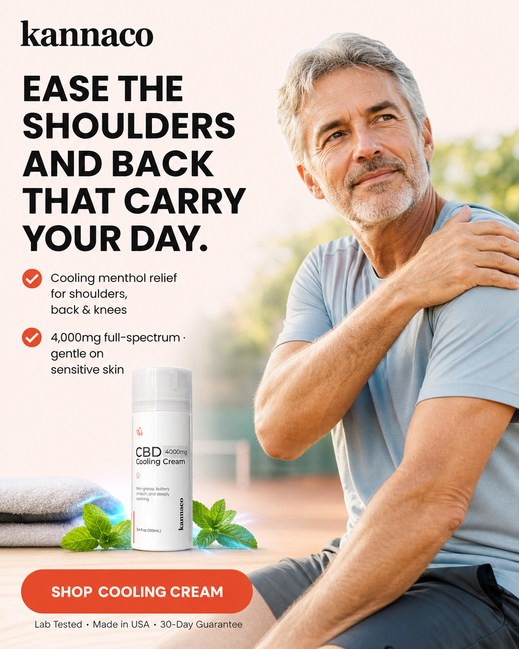 Kannaco Cooling Cream easing shoulders and back for a man