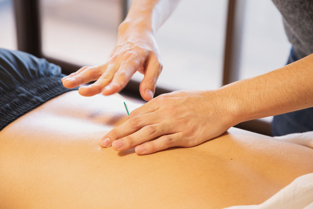 Acupuncturist's hands working along a client's back