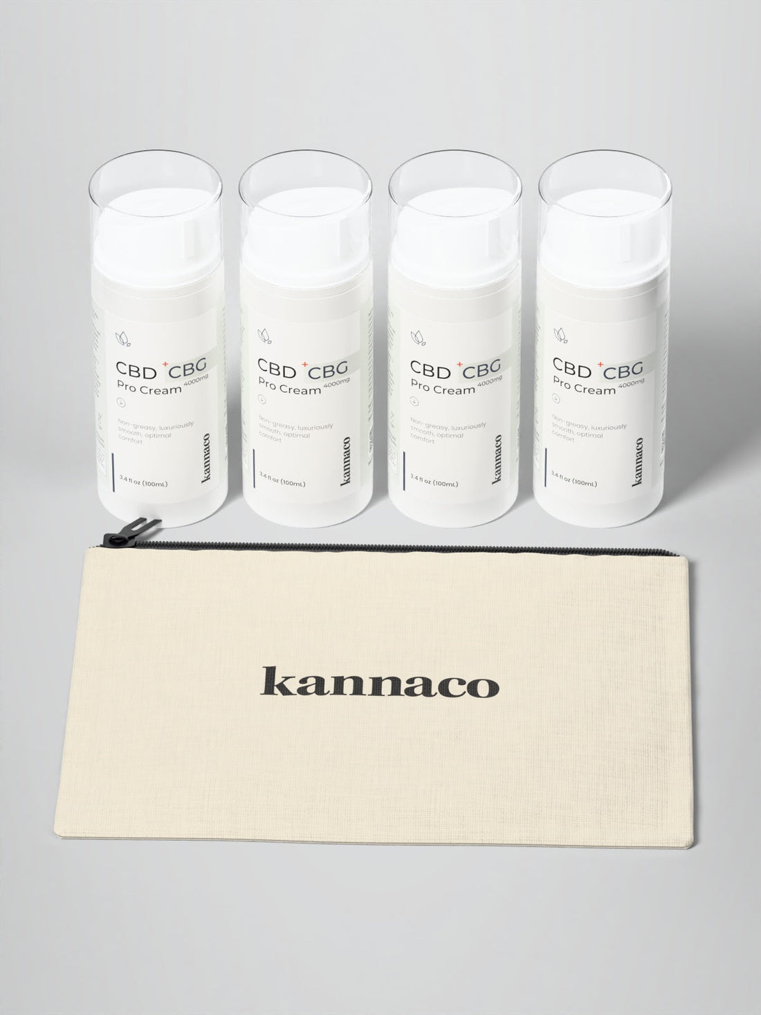 Four Kannaco Pro Cream bottles with a Kannaco pouch, ready for a front-desk shelf
