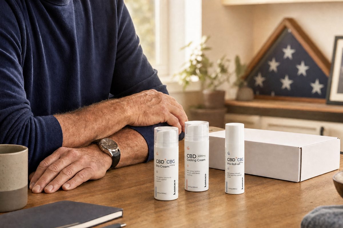 Kannaco topical products on a warm home table for the Military Discount Program